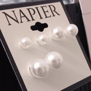 NAPIER 3pc SET Mod/Contemporary White Pearl with Silver Stud Earrings**NEW!